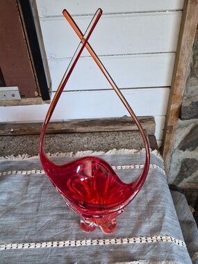 Vintage Red Glass Art Arched Sculpture/Basket